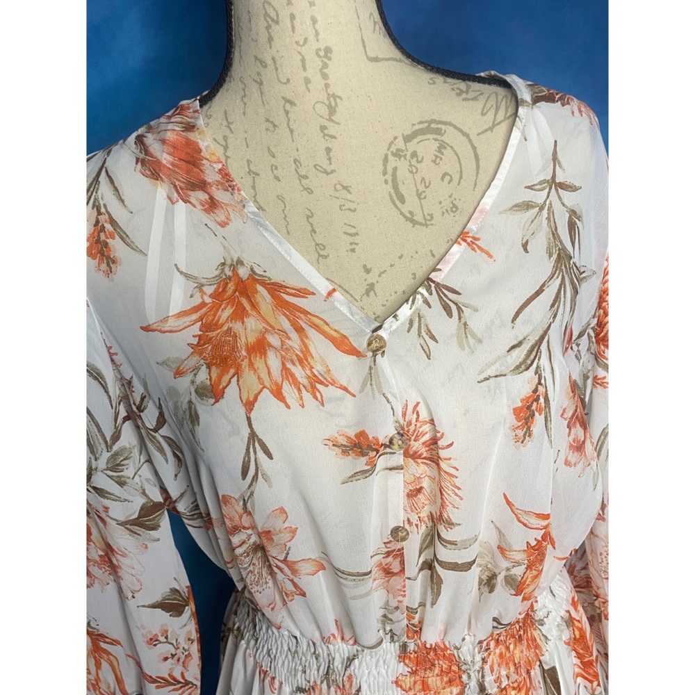 Floral White and Orange Women's Dress - Picture 2 of 3